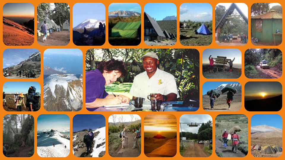 A collage of destinations in Africa with Joseph Gathu and a client in the center